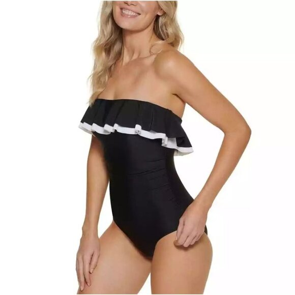 Tommy Hilfiger 6 One-Piece Swimwear Strapless Bandeau Swimsuit Contrast Ruffle - Picture 2 of 12